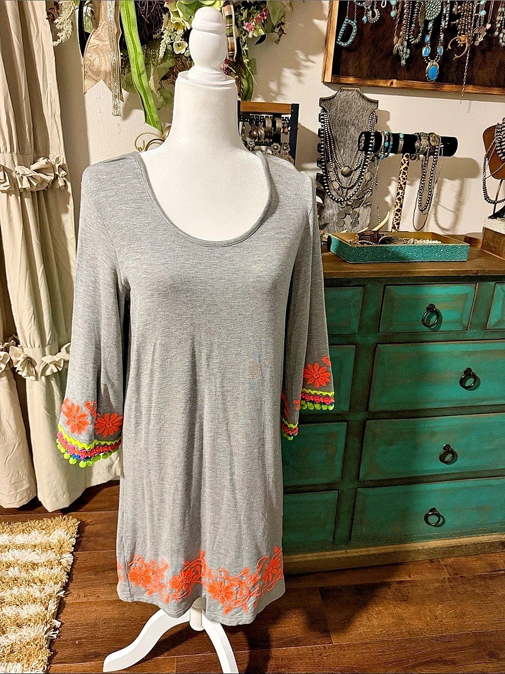 Uncle Frank Embroidered Gray Tunic Dress Size Medium